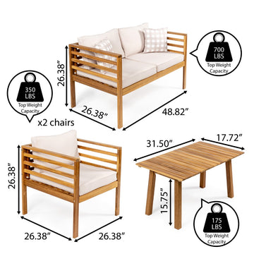 Thom 4-Piece Mid-Century Modern Acacia Wood Outdoor Patio Set with Cushions and Plaid Decorative Pillows - JONATHAN Y